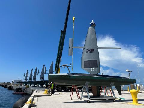 Operators deploy Saildrone Voyager unmanned surface vessels out to sea from Naval Air Station Key West. Operation Windward Stack is part of 4th Fleet’s unmanned integration campaign. Photo Credit: Danette Baso Silvers.