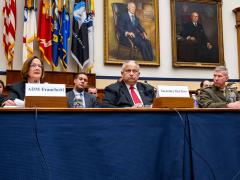 Adm. Lisa Franchetti, chief of naval operations, Carlos Del Toro, secretary of the navy and Gen. Eric Smith, Marine Corps commandant, appeared at a house hearing on Wednesday. Photo credit: CMC Amanda R. Gray, U.S. Navy.