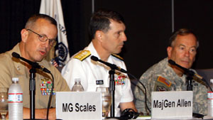 (L to R) Maj. Gen. John R. Allen, USMC; Rear Adm. Bruce W. Clingan, USN; Maj. Gen. David A. Fastabend, USA