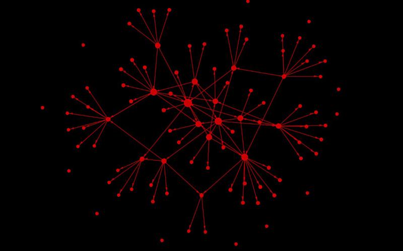 Figure 1. A simulated tweet-retweet network of 100 nodes is linked by 104 tweets. A method known as eigenvector centrality determined the approximate importance of each node. Arrows indicate retweeting of content.