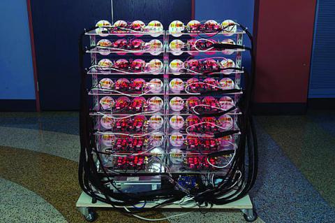 The Argos multiple-antenna array prototype combines 64 standard cellphone antennas into one base station that can send data directly to 16 different devices at the same time. 