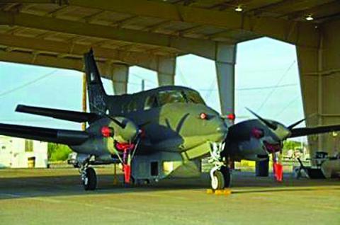 The Blue Devil Block I is mounted beneath the Beechcraft King Air C90 in Afghanistan. The manned aircraft with the wide area intelligence, surveillance and reconnaissance system flies for about three hours before refueling. The USAF/SAIC Blue Devil pod enables citywide real-time coverage.