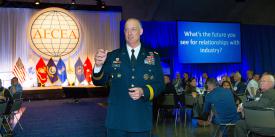 Lt. Gen. Alan Lynn, USA, director of DISA and commander of the JFHQ-DODIN, speaks at AFCEA’s Defensive Cyber Operations Symposium in June. Photo by Mike Carpenter