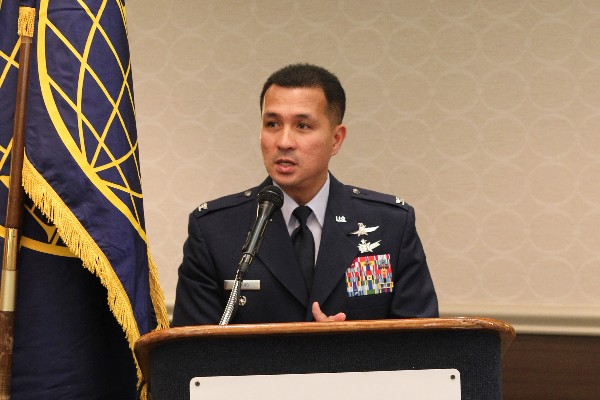 Col. Amando E. Gavino Jr., USAF, director of communications and chief information officer, Air Force Intelligence, Surveillance and Reconnaissance Agency, serves as guest speaker during the chapter's October luncheon event.