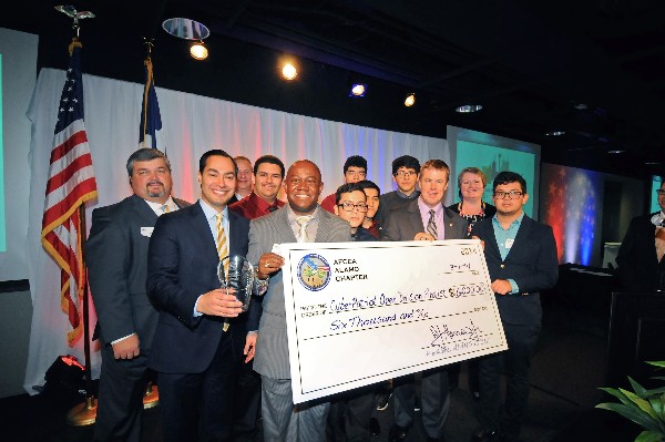 Winners of the San Antonio Mayor's Cyber Cup Challenge - Open Division category from Southwest High School are Steve Flores, Salomon Ruiz, Salvador Sandoval, Patrick Alaman, Daniel Cruz and Gabriel Ovalle with coach Arthur Celestin, San Antonio Mayor Julian Castro and Bill Morrow, chapter president.