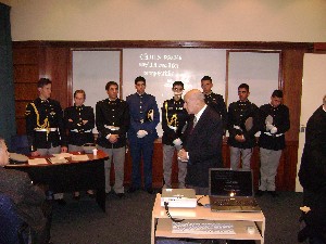 Maj. Gen. Francisco E. Machinandiarena, EA (Ret.) (c), chapter president, welcomes science fair participants. The September event featured students from military high schools.