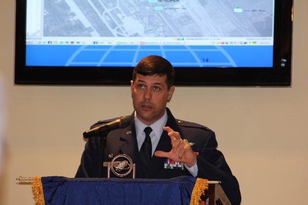 Col. Andrew Gebara, USAF, commander, 2nd Bomb Wing, speaks about current and future Air Force cyber capabilities at the chapter's November luncheon.