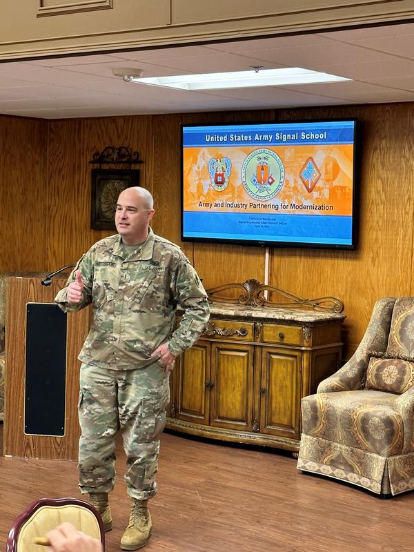 At the June event, Chief Warrant Officer 5 Chris Westbrook speaks to the local chapter on how the U.S. Army and industry can partner to support modernization efforts.