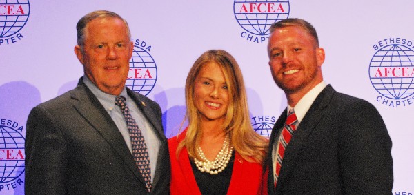 Lt. Gen. Robert M. Shea, USMC (Ret.), president and CEO, AFCEA International (l); Kristina Kelly, Young AFCEA chapter president; and Cody Mruk, Young AFCEA chapter president-elect, attend the July fundraiser to benefit science, technology, engineering and mathematics (STEM) education.
