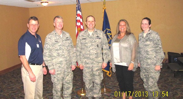 Presenters at the January awards luncheon are (l-r) Lt. Col. Daniel Steele, USAF (Ret.), chapter president; Col. Jay Bruhl, USAF, Air Force Technical Applications Center; Col. Douglas Schiess, USAF, 45th Space Wing; Heidi Hughes, regional vice president; and Lt. Col. April Cantwell, USAF, 45th Space Communications Squadron.