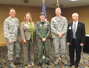 Gathering at the March meeting are (l-r) Lt. Col. Daniel Steele, USAF, commander, 45th Space Communications Squadron; Heidi Hughes, AFCEA regional vice president; Col. Denette Sleeth, USAF, commander, 45th Operations Group; Col. Jay Bruhl, USAF, director of logistics and systems, Armed Forces Technical Applications Center (AFTAC); and Lou Linden, chapter president.