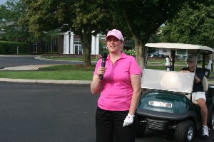 Jackie Whittaker, chapter president, kicks off a golf outing in June, which raised funds for the chapter scholarship fund.