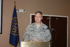 Brig. Gen. James Haywood, USAF, Headquarters Air Force Material Command, Wright-Patterson Air Force Base, briefs attendees at the November meeting.