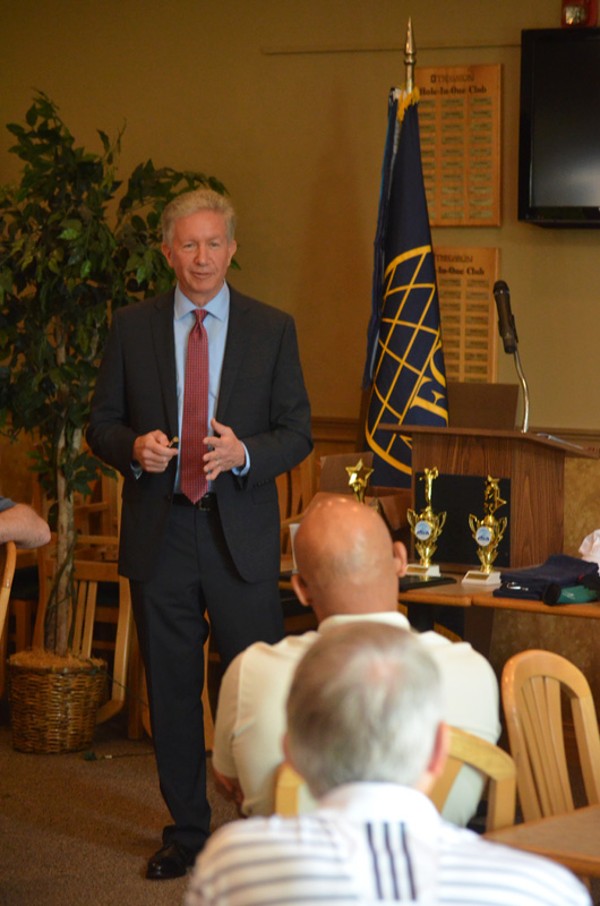 In June, Bill Bonwit, department head, Command and Control (C2) Space and Naval Warfare Systems Command (SPAWAR) Systems Center Pacific, San Diego, gives the TechNet Golf Tournament assembly some insight into what SPAWARs does for government projects like the new U.S. Strategic Command facility.