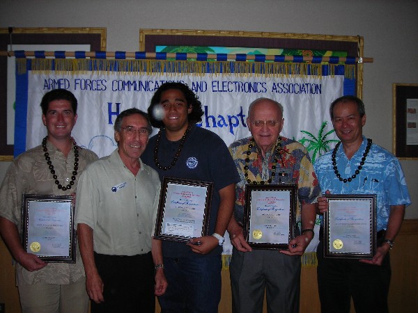 In May, the chapter recognizes (l-r) James Elliot, Tribalco, Young AFCEAN of the Month; Bloom, chapter vice president; Elijah "Pono" Kanini-Santiago, Lutheran High School of Hawaii, Student of the Month; John Martin, 30-Year Member and AFCEAN of the Month; and Randy Chang, Pearl Harbor Naval Shipyard, Senior Government Leader of the Month.