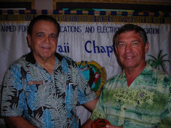 Cory Lindo (l), chapter president; thanks the January guest speaker, Lt. Gen. Dan “Fig” Leaf, USAF (Ret.), director of the Asia-Pacific Center for Security Studies.
