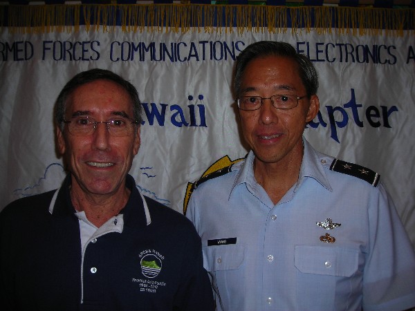 Jeff Bloom (l), chapter executive vice president, thanks the February luncheon speaker Maj. Gen. Darryll D.M. Wong, Hawaii Air National Guard, adjutant general, state of Hawaii.