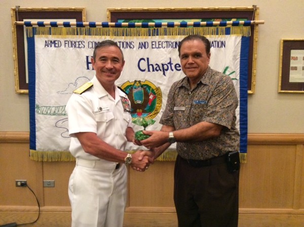 Adm. Harry B. Harris, USN (l), commander, United States Pacific Fleet, joins Cory Lindo, chapter president, at the March meeting.