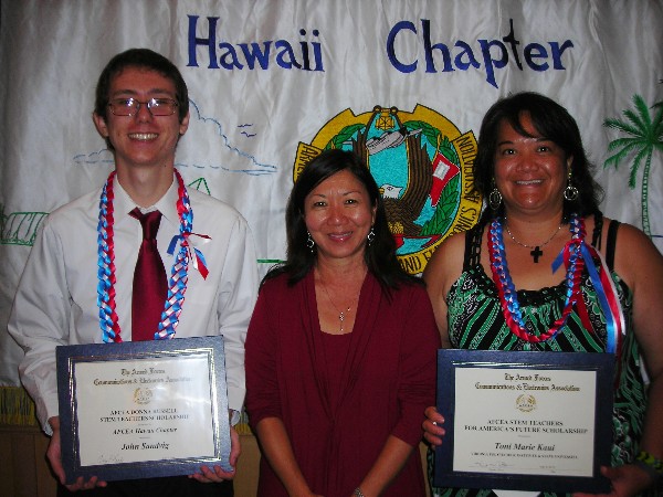 Cathy Burtless, chairperson of the AFCEA Hawaii Educational Foundation (c) is with scholarship winners John Sandvig, University of Hawaii at Manoa, and Toni Marie Kaui, Ph.D. candidate, in July.