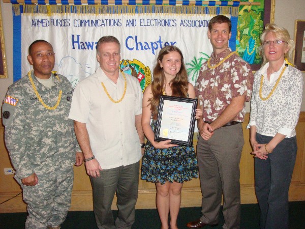 Award winners at the February luncheon are (l-r) Lt. Col. Donald Stewart, USA, Senior Government Leader of the Month; Jack Hustetler, Senior Executive of the Month; Holly Merrell, student award winner; Jason Hoffman, Young AFCEAN of the Month; and Dr. Mary Smith, AFCEAN of the Month.