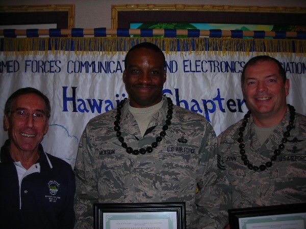Together at the February luncheon are (l-r) Bloom; Young AFCEAN of the Month Senior Master Sgt. Torry Hickson, USAF, Pacific Theater Info Grid operations leader, Defense Information Systems Agency-Pacific; and Senior Government Leader of the Month Col. Michael Finn II, USAF, director of communications and chief information officer, headquarters Pacific Air Forces, Joint Base Pearl Harbor-Hickam, Hawaii.