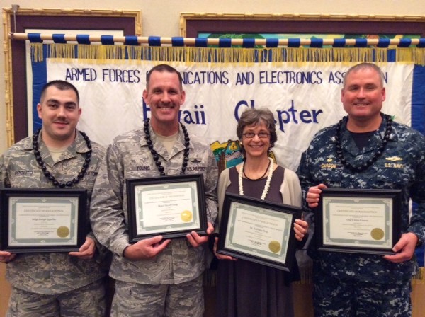 Award winners at the March meeting are (l-r) Young AFCEAN of the Month Master Sgt. Joseph Ippolito, USAF, noncommissioned officer in charge of the PACAF Cyber Fusion Center; AFCEAN of the Month Maj. David A. Young, USAF, Infrastructure and Mission Systems Branch chief, headquarters U.S. Pacific Air Forces; Senior Government Leader for February Dr. Kathleen Berg, director, Curriculum Research and Development Group, University of Hawaii; and Senior Government Leader of the Month for March Capt. Dave Carson, USN, commander, National Security Agency/Central Security Service Hawaii.