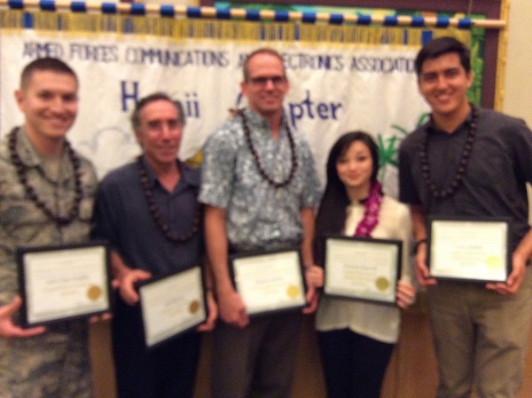 Award winners recognized at the April luncheon are (l-r) Lt. Trujillo, Young AFCEAN of the Month; Bloom, AFCEAN of the Month; Robert “Bob” Lietzke, principal, Booz Allen Hamilton, Executive Leader of the Month; and Janiene Scovell and Corey Snider of Radford High School, Students of the Month.