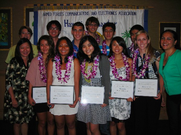 Chapter Educational Foundation executives and scholarship awardees together in August are (back row, l-r) Jane Ferriera, Andy Truong, Drew Ollice, William Blaser III, Herman Li and Keane Hamamura; (front row, l-r) Cathy Burtless, Kira Fox, Precious Binas, Christianne Izumigawa, Monica Ho, Sierra Jackson and Farrah Burke.