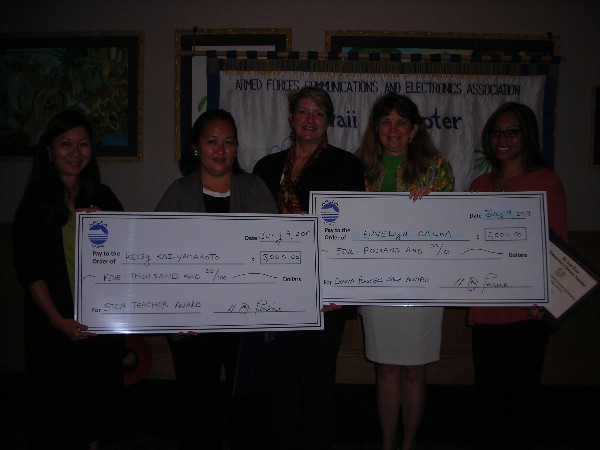 HAWAII—In July, the chapter presented several scholarships. Pictured (l-r) are: chapter Education Foundation Chairperson Cathy Burtless; teacher Kelsey Kai-Yamamoto, Waipahu High School, AFCEA International Educational Foundation STEM Teacher Scholarship awardee; chapter Education Foundation Director Jane Ferreira; Chapter Director Donna Russell; and teacher Euvelyn Calma, Nanakuli High School, The Donna Russell Distinguished Service STEM Teacher Scholarship awardee.