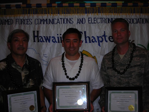 Award recipients together in January are (l-r) Craig Nagasawa, GDITs Intelligence Solutions Division, Executive of the Month; Maj. (Lt. Col. Select) Alejandro Rodriguez, USAF, AFCEAN of the Month; and Master Sgt. Donald Wildasin, USAF, Defense Information Systems Agency Pacific, Young AFCEAN of the Month.