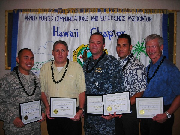 Award winners recognized in July include (l-r): Master Sgt. Jason Zarudny, USAF, Young AFCEAN of the Month; Fred Romero, EMC, Executive of the Month for June; Cmdr. James Knoll, USN, officer in charge, Space and Naval Warfare Systems Command Systems Activity Hawaii, Senior Government Leader of the Month; Joe Tablada, director of the Marine Corps Forces, Pacific Command Operations Center, Senior Government Leader of the Month; and Lt. Gen. Jeff Remington, USAF (Ret.), vice president, Government Programs and corporate lead executive, Northrop Grumman, Executive of the Month.