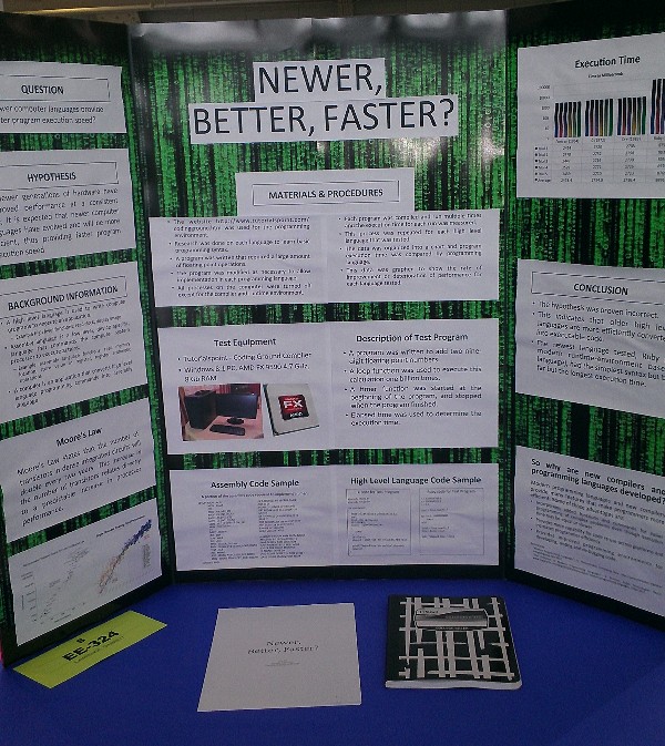 Chapter member Kat Devirgilio of Adtran helps judge the North Alabama Regional Science and Engineering Fair in March, which featured student science projects such as this one, titled 