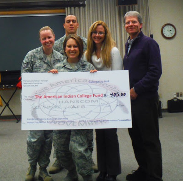 The chapter’s Diversity Committee helps raise funds for the American Indian College Fund in celebration of Native American Heritage Month in November, including (front row) Capt. Devon Messecar, USAF; (back row, l-r) Tech. Sgt. Jessica LaBrie, USAF; Senior Airman Zachary Young, USAF; Kimberly Matthews and Lance Beebe.