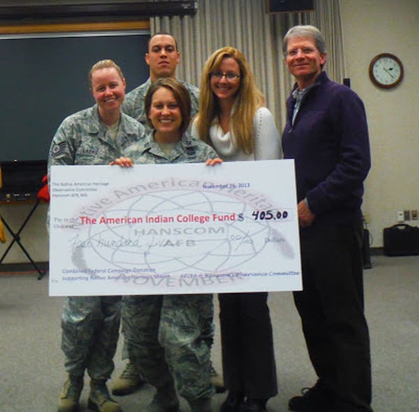 The chapter's Diversity Committee helps raise funds for the American Indian College Fund in celebration of Native American Heritage Month in November, including (front row) Capt. Devon Messecar, USAF; (back row, l-r) Tech. Sgt. Jessica LaBrie, USAF; Senior Airman Zachary Young, USAF; Kimberly Matthews and Lance Beebe.