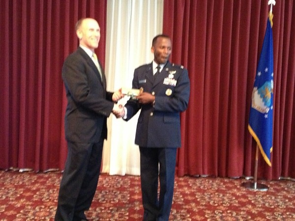 In February, Bud Vazquez (l), chapter president, thanks Col. Bruce Monroe, USAF, senior material leader, International Division, Air Force Security Assistance Cooperation, for his enlightening remarks at a luncheon sponsored by the Diversity Committee celebrating African American History Month.