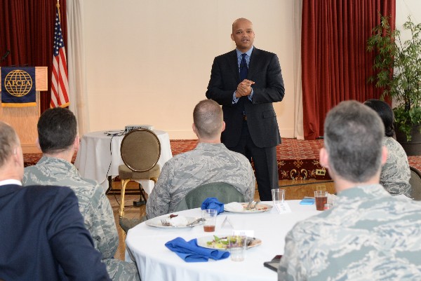 Robert Curbeam Jr., vice president, mission assurance, quality and Raytheon Six Sigma, Raytheon Integrated Defense Systems, addresses the crowd at a Diversity Committee luncheon commemorating African American History Month in February.