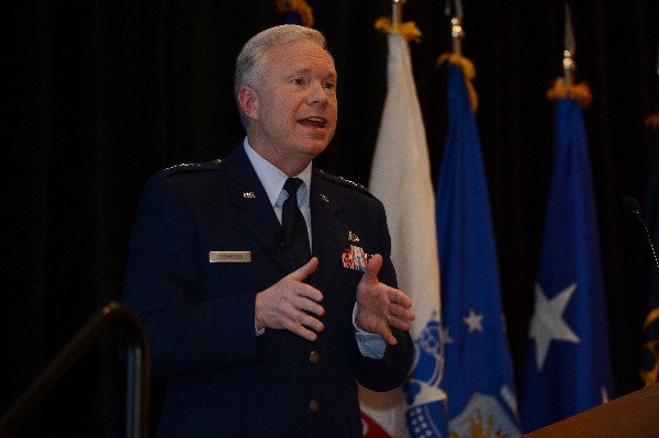 Lt. Gen. John Thompson, USAF, commander, Air Force Life Cycle Management Center, addresses New Horizons Symposium attendees on 