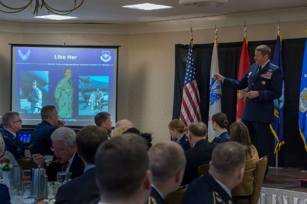 Gen. Robin Rand, USAF, commander, Air Education and Training Command, addresses ROTC scholarship recipients at annual chapter ROTC awards luncheon in April.