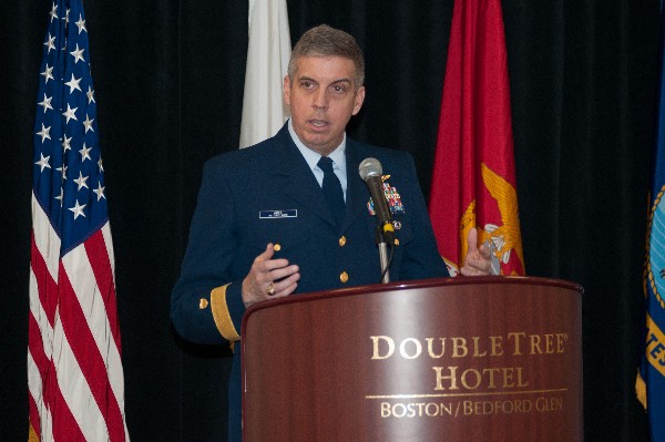 Rear Adm. Daniel Abel, USCG, commander, First Coast Guard District, addresses ROTC cadets at the chapter�s annual ROTC awards luncheon held in April.
