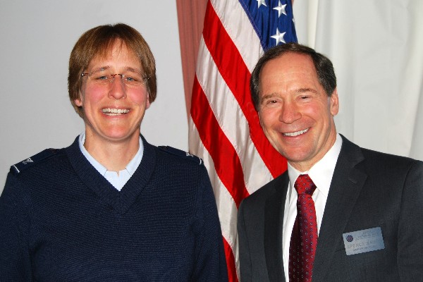 Guest speaker Col. Janet W. Grondin, USAF, chief, Spacelift Range and Network System Division, Space and Missile Systems Center, joins Spencer Bauer, chapter president, at the January luncheon.