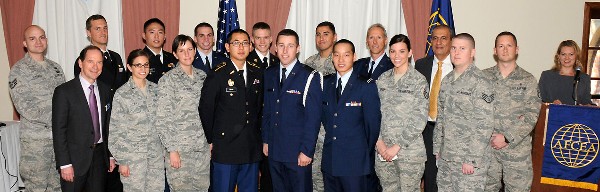 With the 15 cadets, midshipmen and active duty members who received scholarships at the chapter's annual scholarship luncheon in November are Spencer Bower, chapter president; Col. Steve Staso, USAF, vice president of communications and guest speaker; Eli Cohen, vice president of ROTC scholarships; and Andrea Loper, chapter secretary.