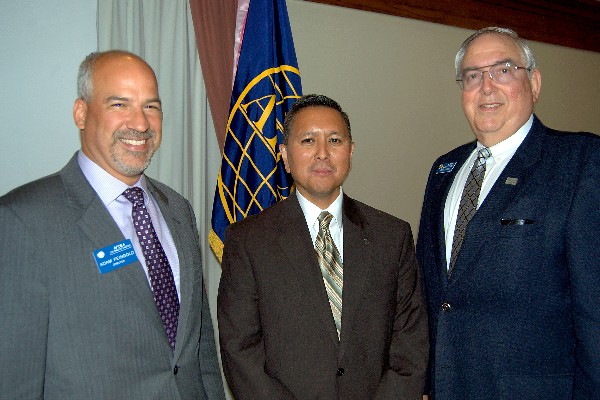 Adam Feingold, chapter vice president of programs (l) and Steve Quilici, chapter president (r) with May luncheon speaker Cordell DeLaPena, director, Program Management and Integration Directorate, Space and Missile Systems Center, Air Force Space Command, Los Angeles Air Force Base.