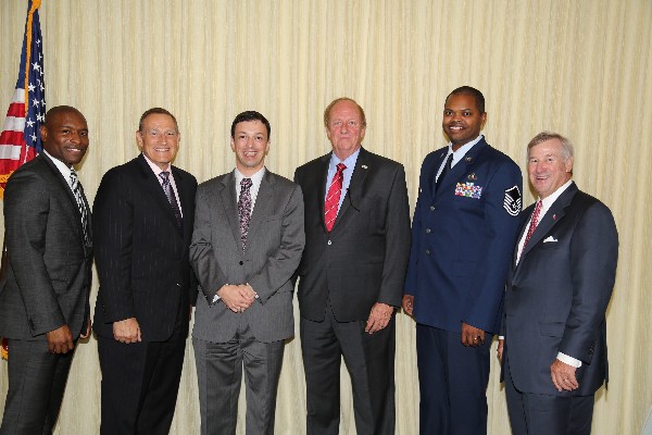 The chapter celebrates award winners and guests in August, including (l-r) Eric Sloan, chapter president; Lt. Gen. Michael Basla, USAF (Ret.); Jason Frye, Air Force Life Cycle Management Center (AFLCMC), Young AFCEAN of the Year; Tommy Pope, Industry AFCEAN of the Year; Master Sgt. Carlton Young, USAF, Government AFCEAN of the Year; and Todd Strange, mayor of Montgomery, Alabama.