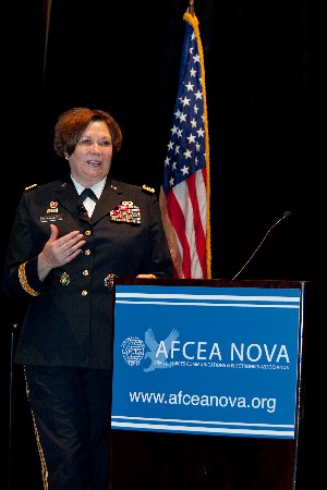Lt. Gen. Susan Lawrence, USA, chief information officer/G-6, U.S. Army, addresses attendees at Warfighter Support IT Day in August.