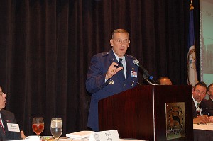 Brig. Gen. Michael J. Basla, USAF, vice director, command, control, communications and computer systems/J-6, Joint Staff, who has been nominated for promotion to the rank of major general, discusses the Joint Staff's information sharing initiatives at the October luncheon. 