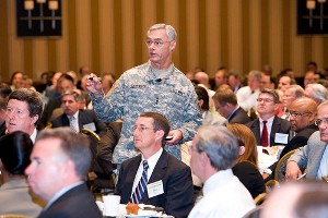 Lt. Gen. Jeffrey A. Sorenson, USA, director and chief information officer/G-6, Office of the Army, interacts with the audience during his keynote address at the Army Information Technology Day in July. 