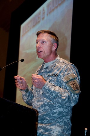 Maj. Gen. Mark Bowman, USA, acting deputy chief information officer/G-6, delivers a keynote address to attendees at the December meeting.
