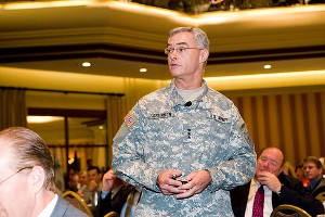 Lt. Gen. Sorenson answers an attendee's question at the chapter-sponsored Army Information Technology Day, held in July.