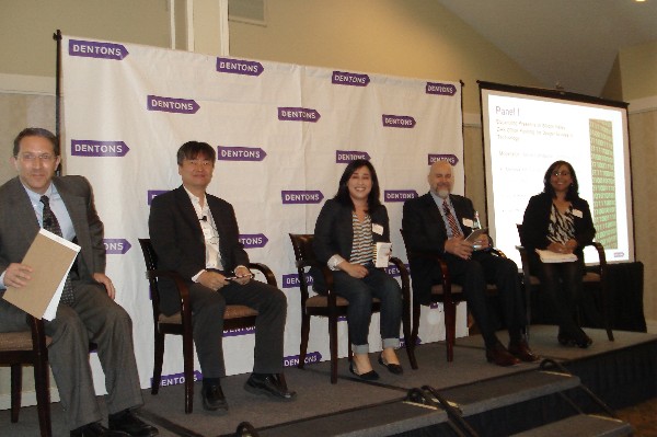 Speaking on the first panel at the educational meeting in June are (l-r) Dentons partner and moderator Kevin Lombardo; David Jung, CEO of Pulzze, which recently received Department of Homeland Security (DHS) funding for its technology; Melissa Ho, managing director, DHS Silicon Valley Office; Jack Horan, Dentons partner; and Jeniffer Roberts, Dentons partner. 