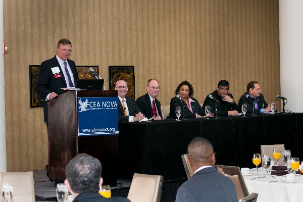 Panel members at the November Small Business Breakfast are (l-r) Robert S. Katz, panel moderator, Katz Global Strategies; Linda Cureton, former chief information officer (CIO) for NASA; Roger Baker, former CIO for Veterans Affairs; Nitin Pradhan, former CIO for the Department of Transportation; and Bob Otto, former CIO for the U.S. Postal Service.